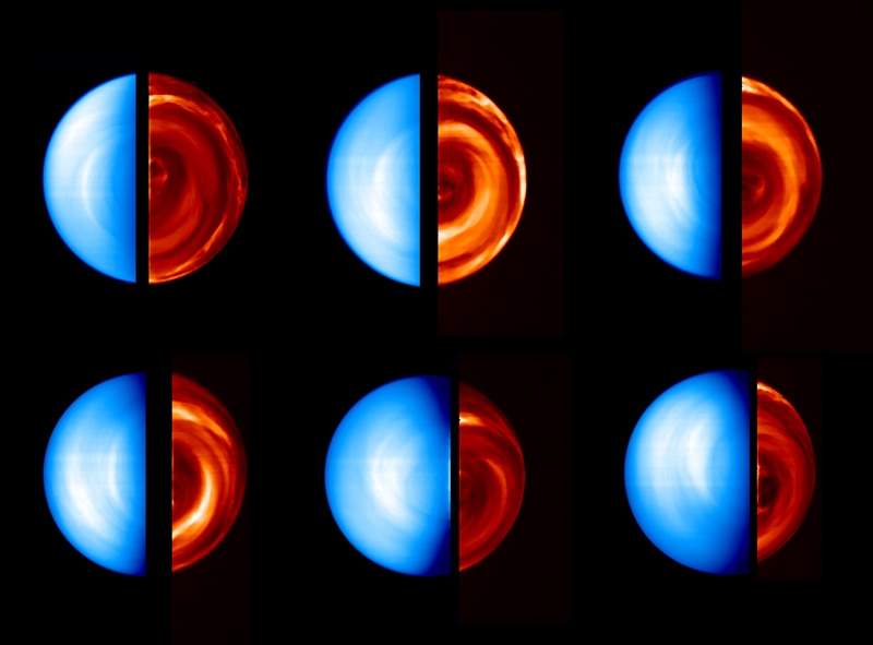 Sequence d&#039;images obtenues par Virtis. A gauche, la face jour obtenue dans le visible montre les radiations solaires réfléchies par l&#039;atmosphère. A droite, la face nuit, obtenue dans l&#039;infrarouge, révèle de complexes structures nuageuses. Crédit...