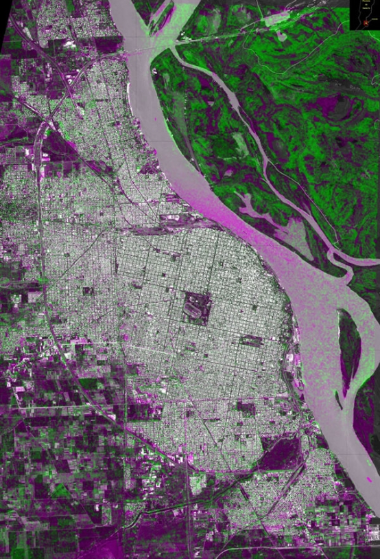 En mars dernier, l&#039;Argentine a été frappée par des inondations et des glissements de terrain. Cette image, livrée dans le cadre de la charte, a été obtenue à partir de données Spot 5 avant la catastrophe et des données Radarsat-1 après.