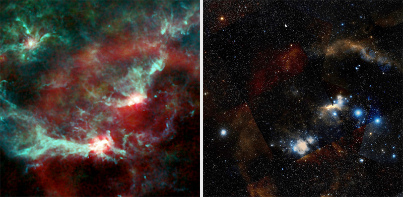 Région où beaucoup d&#039;étoiles se forment dans la nébuleuse d&#039;Orion, vu par Planck (à gauche) et en lumière visible (à droite). Crédits : ESA, LFI &amp; HFI Consortia (à gauche), STScl DSS (à droite).