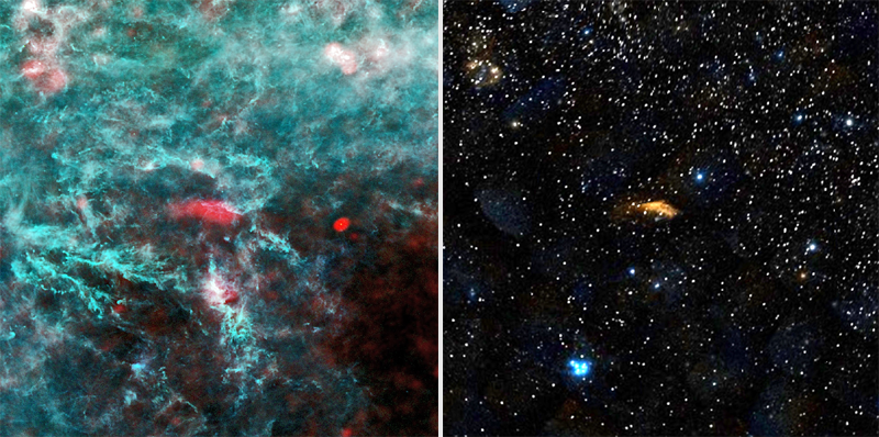 Dans la gamme de fréquences de Planck (à gauche), l&#039;émission du milieu interstellaire est clairement visible par rapport à l&#039;image optique de cette même région de la constellation de Persée où les étoiles se forment peu. Crédits : ESA, LFI &amp;...