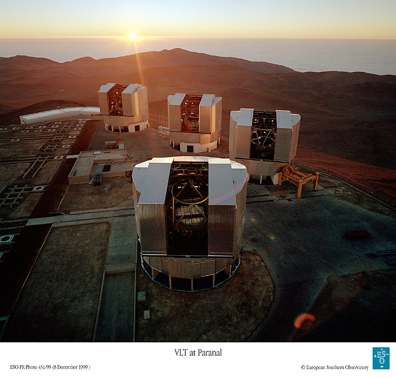 The Very Large Telescope at ESO, Chile, comprises 4 units each with a mirror spanning 8.2 m. Credits: ESO.