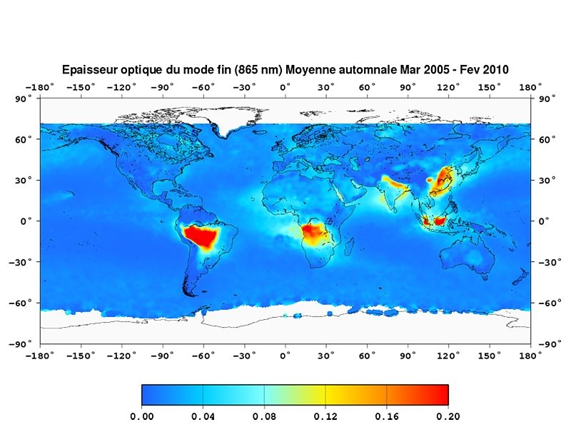 Aerosol optical thickness derived from Parasol data. Credits: LOA/ICARE/, 2010.
