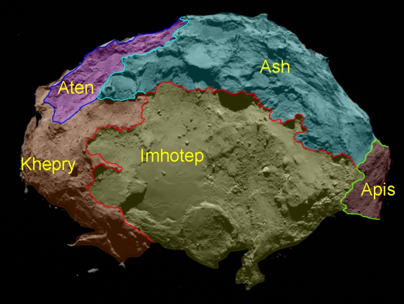 Les régions nommées à ce jour sur le noyau de la comète 67P/Churyumov-Gerasimenko. Crédits : ESA/Rosetta/MPS for OSIRIS Team MPS/UPD/LAM/IAA/SSO/INTA/UPM/DASP/IDA.