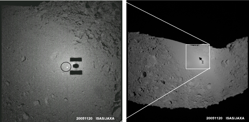 On 20 November 2005, the shadow of Japan’s Hayabusa probe was clearly visible on the surface of asteroid Itokawa. The spacecraft was just 32 m from the surface with the Sun directly behind it, producing a spectacular opposition surge. Credits: ISAS/...